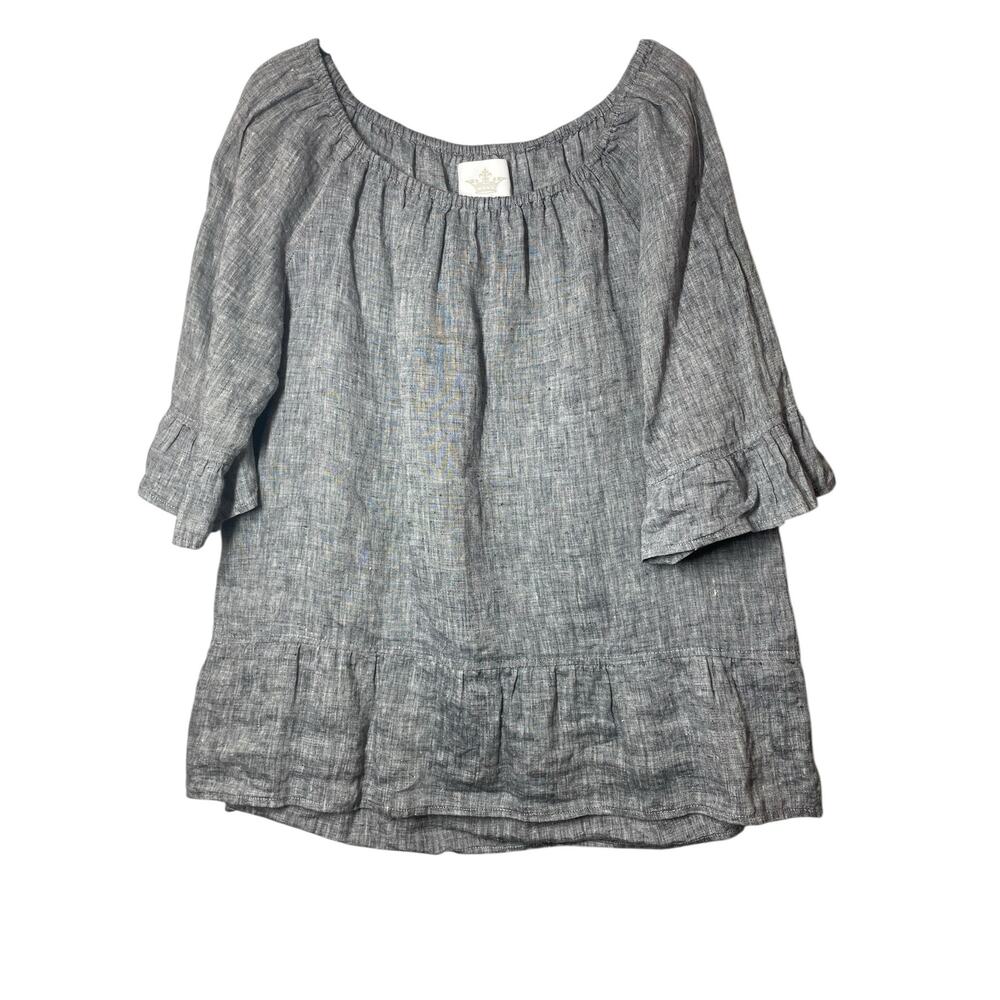 Crown Linen Designs Top Gray Size Small Ruffle 3/4 Sleeve Hem